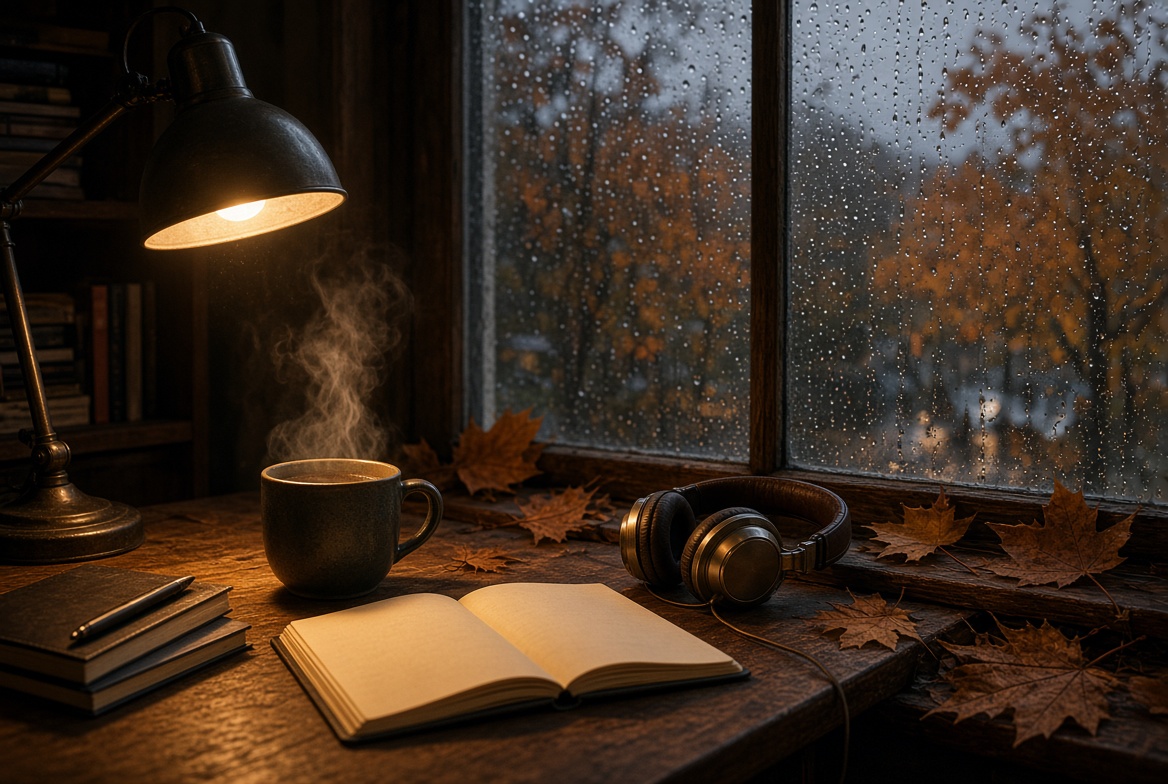 Rainy autumn window, warm lamp, tea, notebook, and headphones on a wooden desk