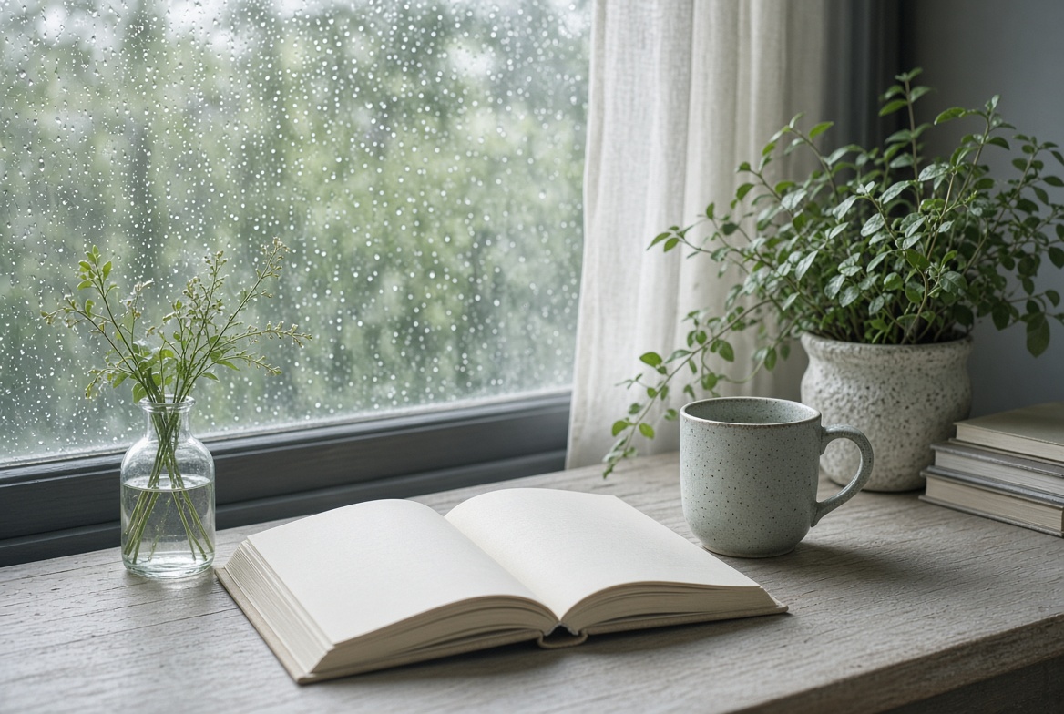 Spring rain window and plants