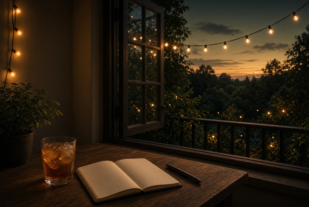 Summer dusk balcony with string lights